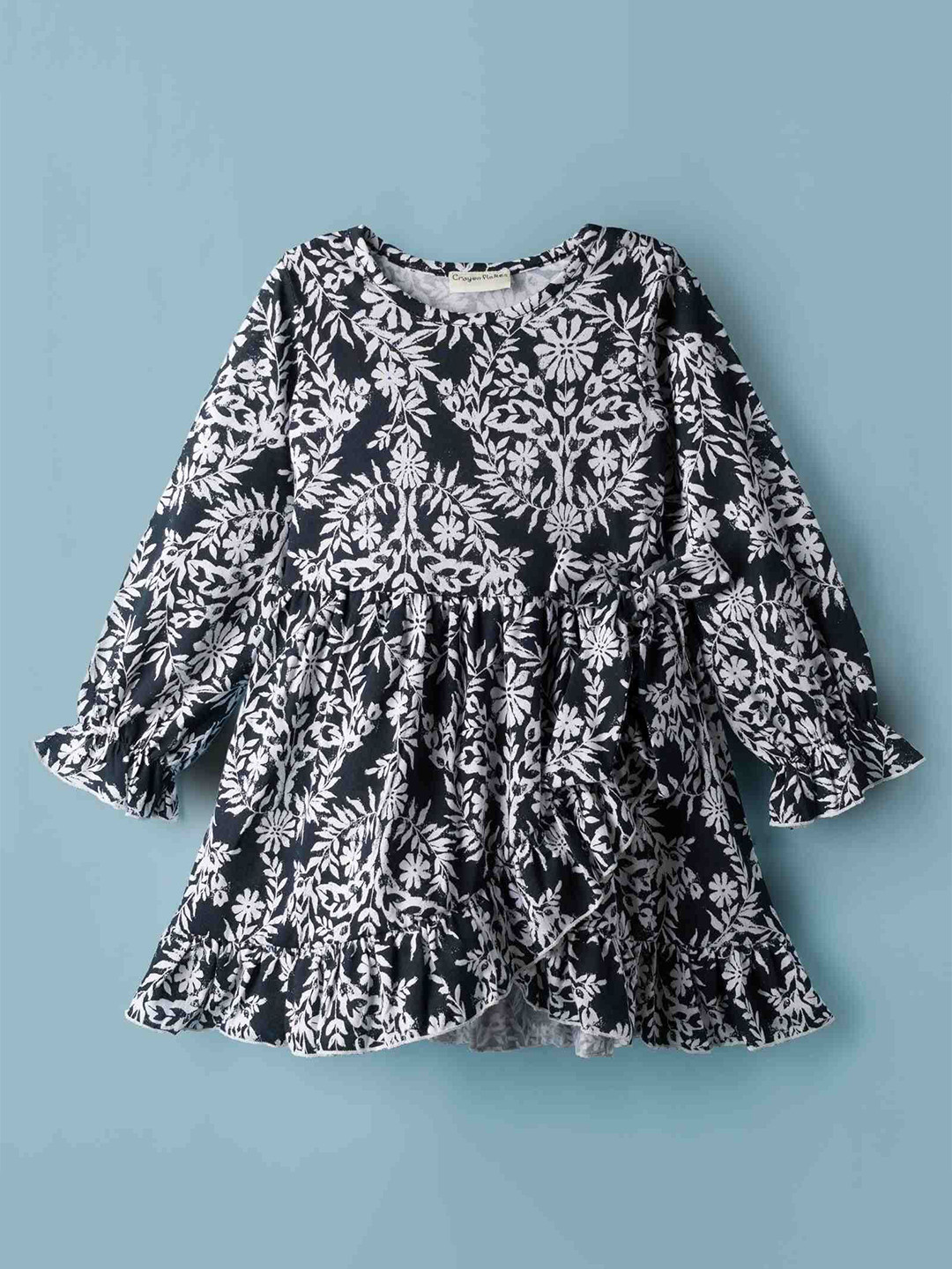 CrayonFlakes loral Printed Ruffle Detail Full Sleeves Fit & Flare Dress