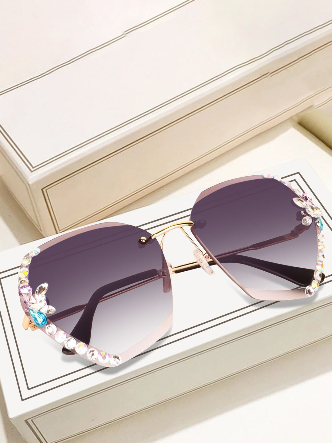 EYMEN I Oversized Sunglasses with Polarised and UV Protected Rimless Diamond Grey-Golden