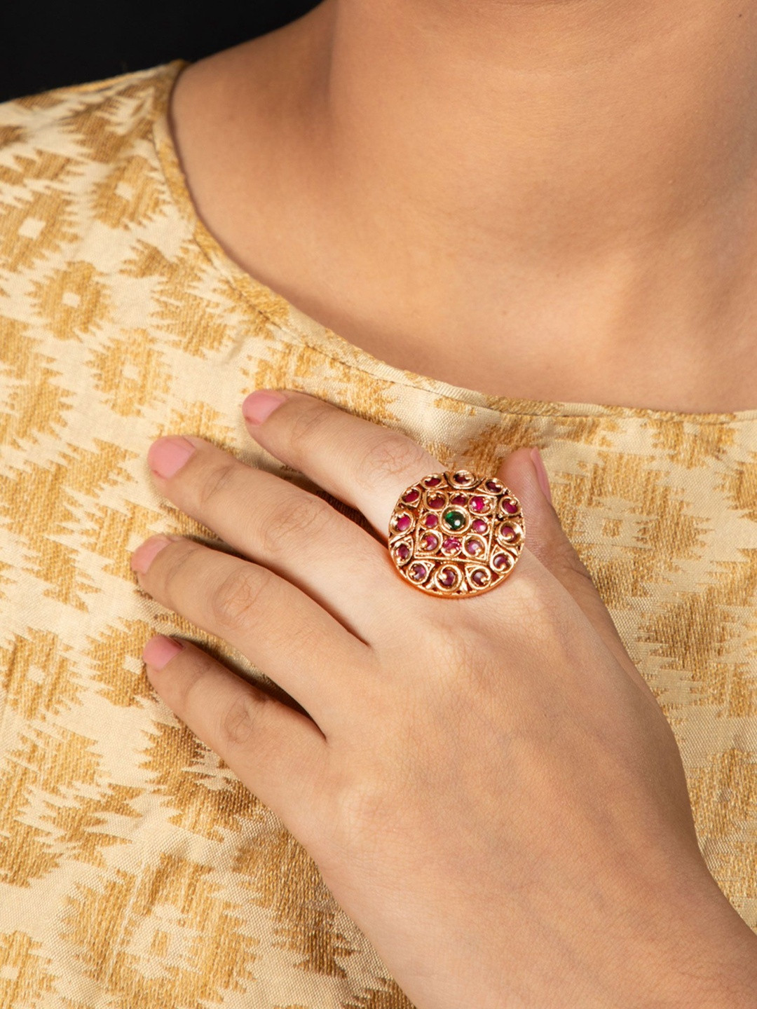 Niscka 24K Gold Plated Artificial Stones Studded Cocktail Finger Ring