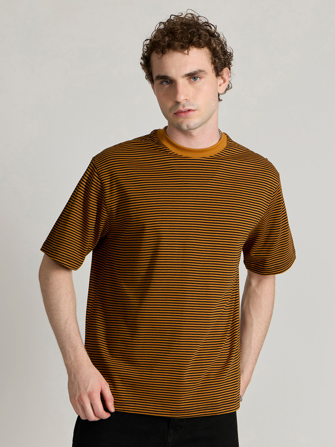 Espanshe Lonathan Men Striped Round Neck Short Sleeves T-shirt
