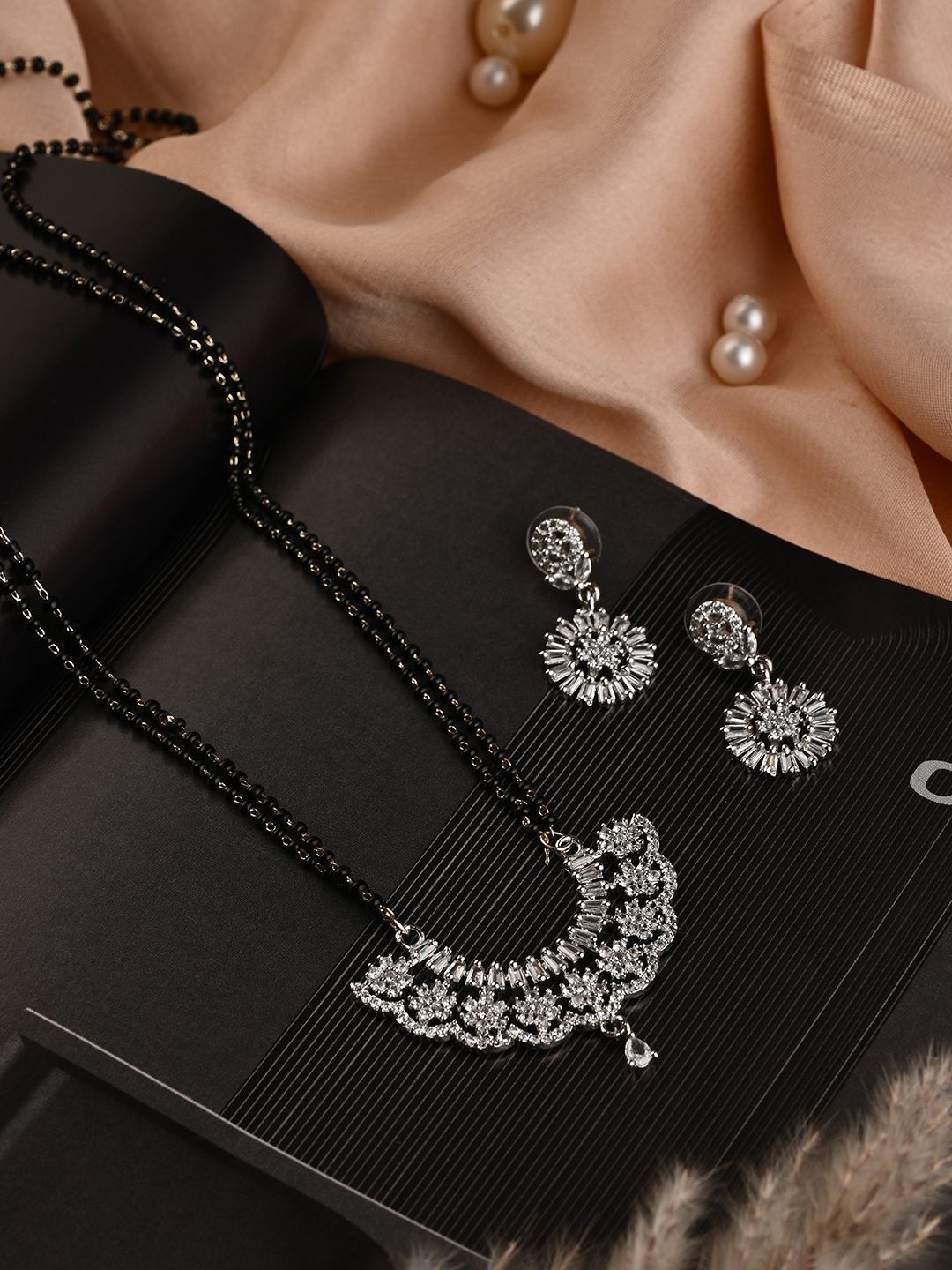 VENI Silver-Plated Artificial Stones Studded & Beaded Mangalsutra With Earrings