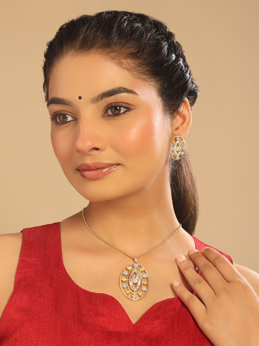 Nuyug Gold-Plated American Diamond Studded Pendent With Earrings