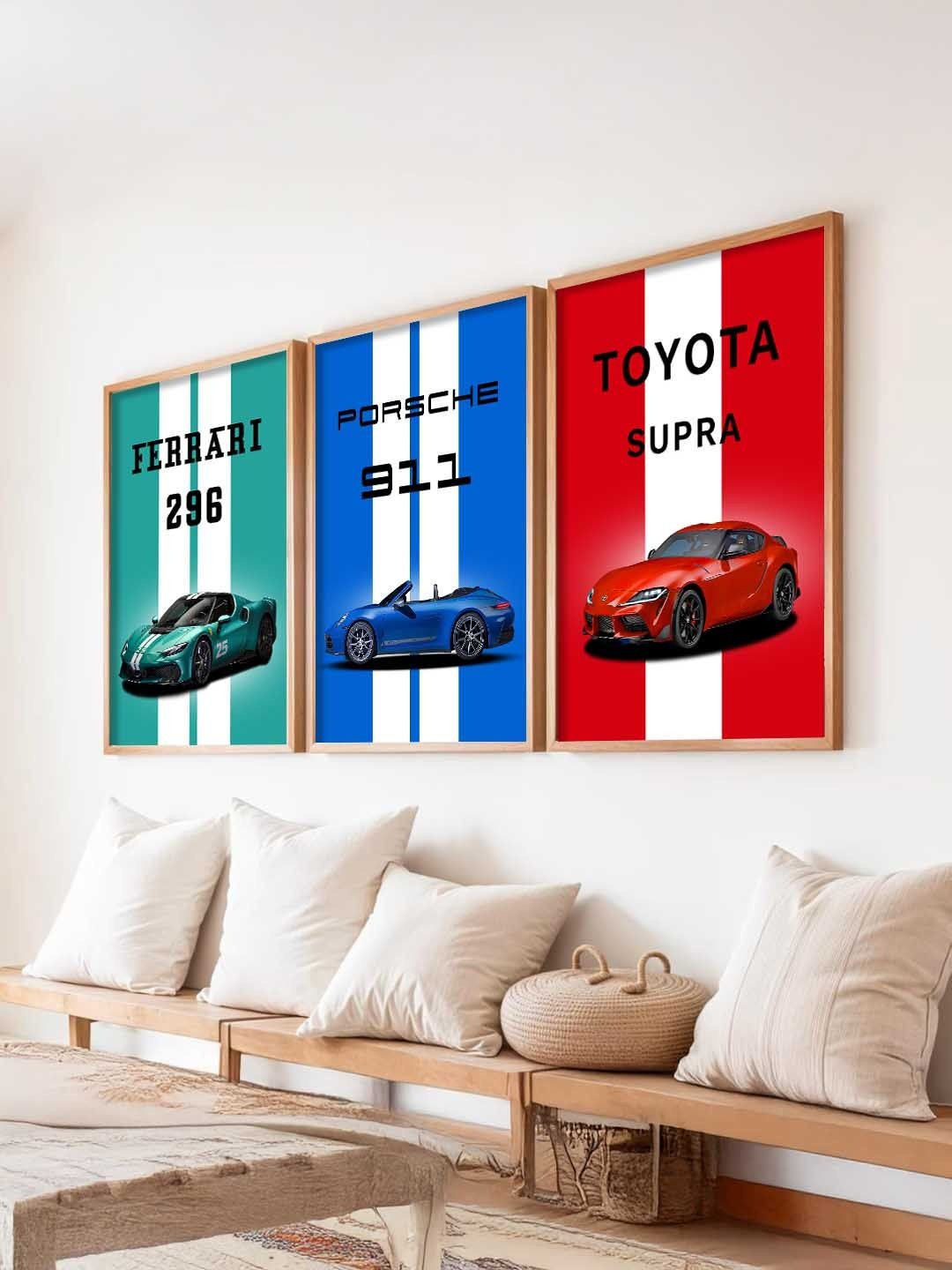 Kotart Blue & Red 3 Pieces Wooden Sports Car Wall Paintings