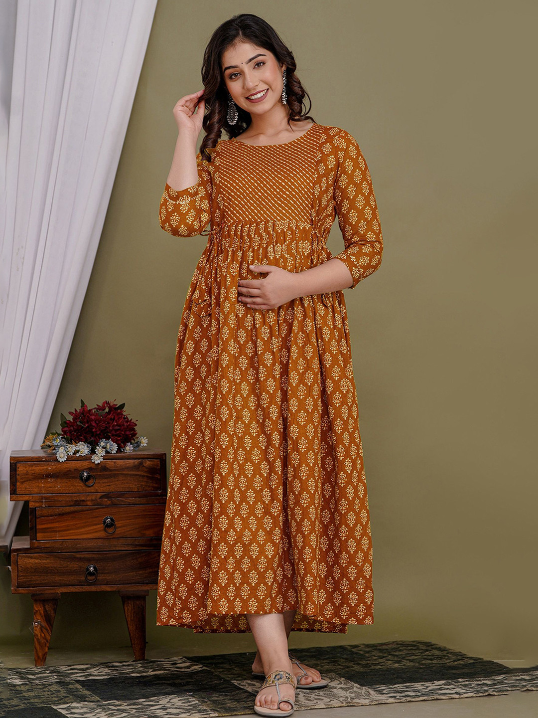 Tulsiram Ethnic Motifs Printed Maternity Fit & Flare Midi Dress
