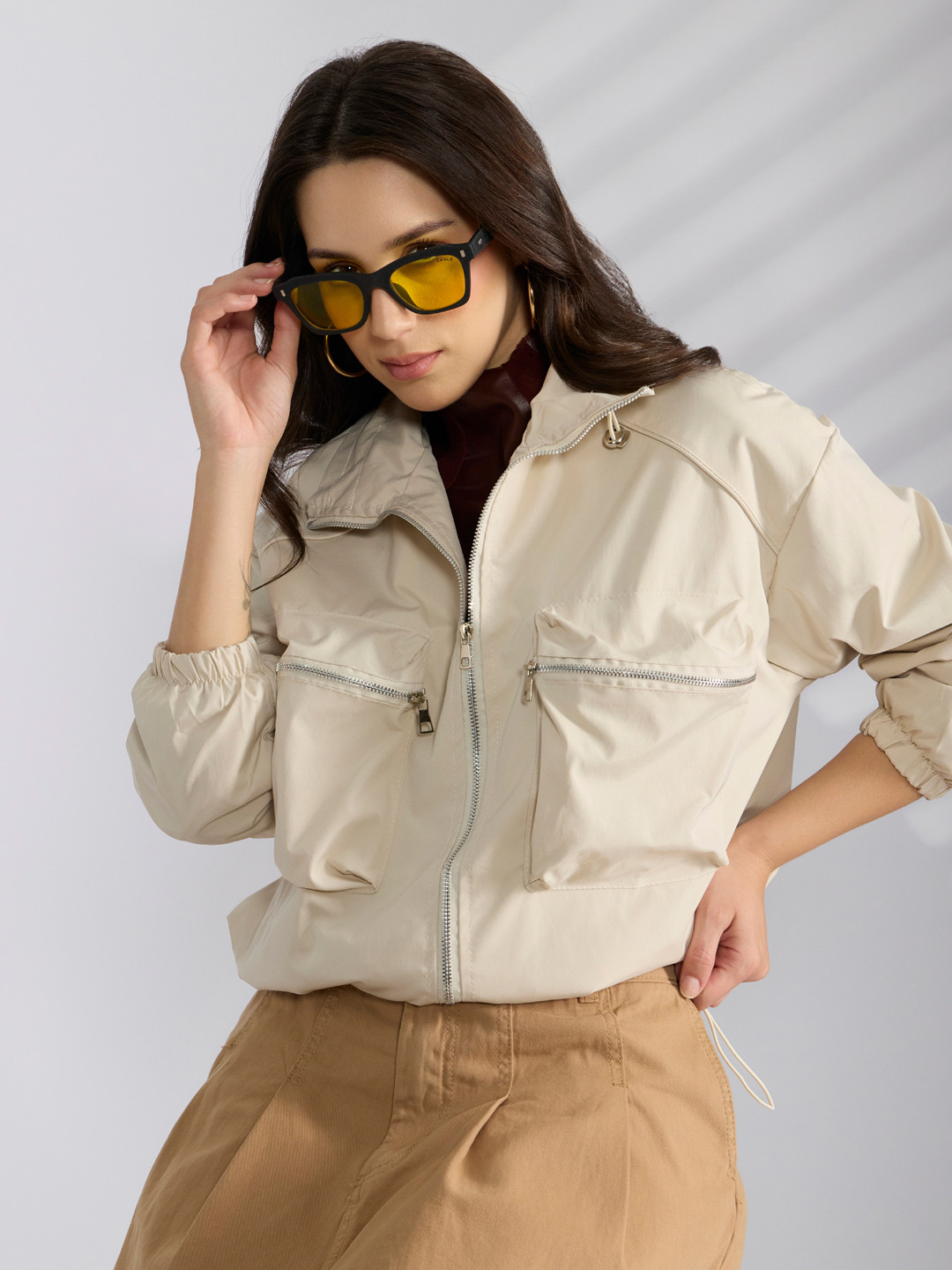 SHOWOFF Cream Spread Collar Bomber Jacket