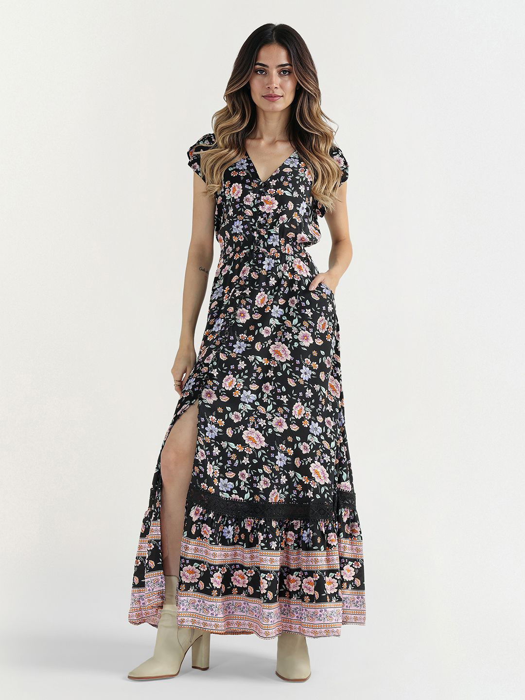 ELLE Floral Print V-Neck Flutter Sleeves Slit Fit & Flare Maxi Dress