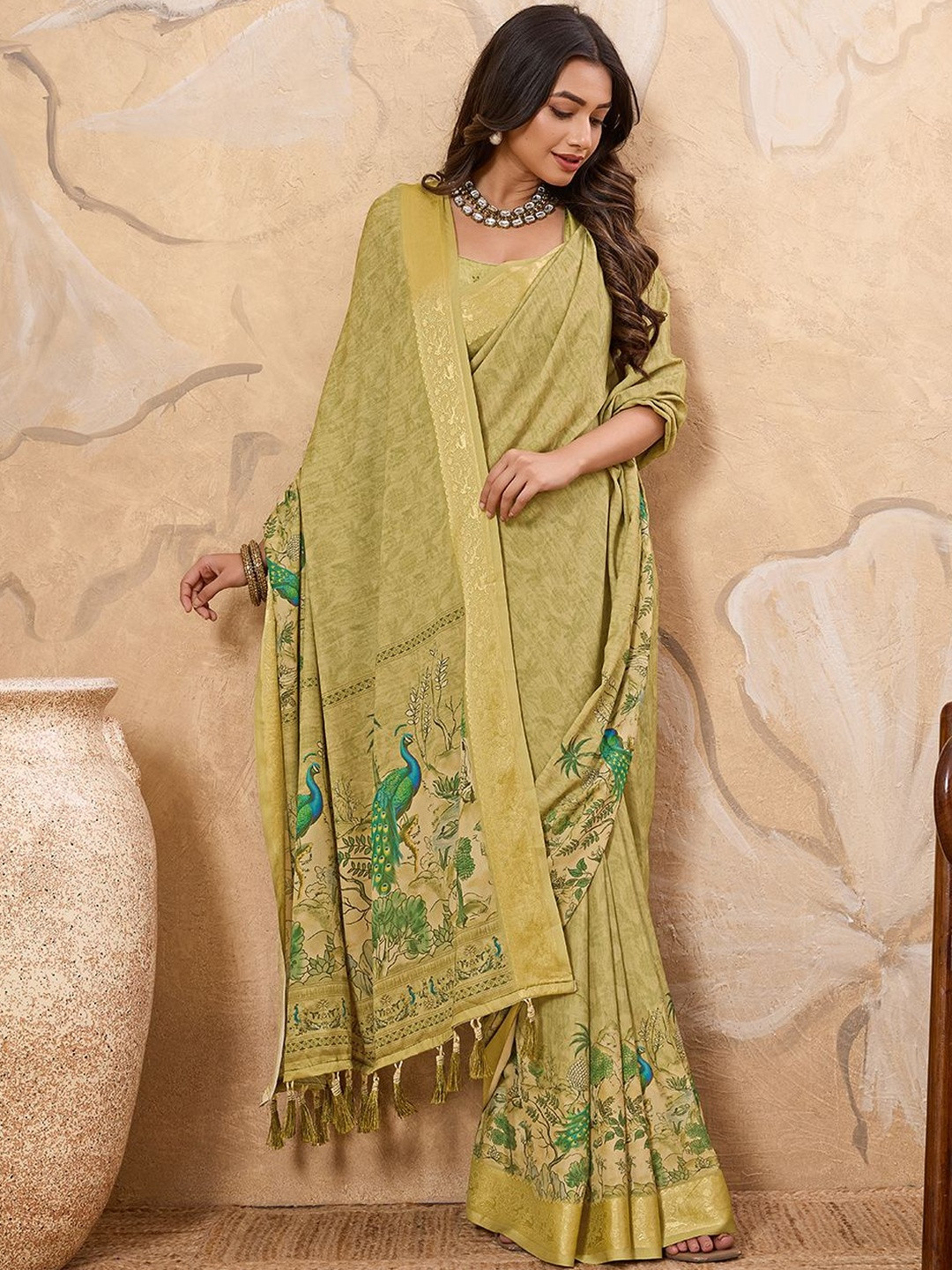 100 Dreams  Zari Pure Crepe kalamkari Printed Saree with tassels