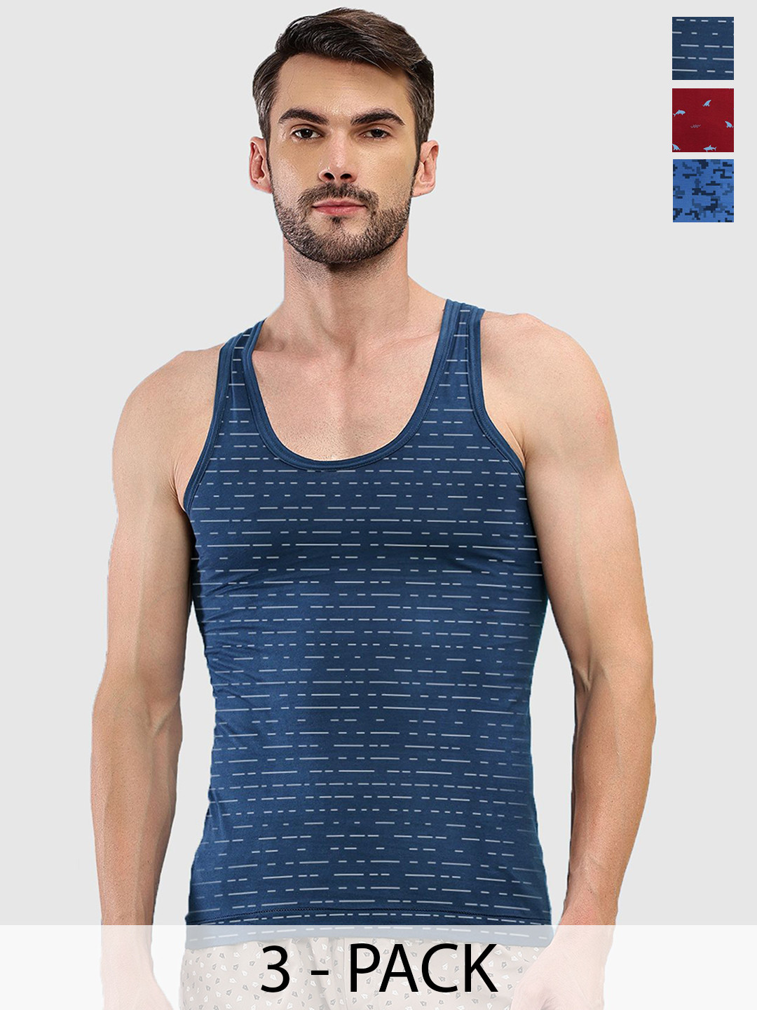 T.T. Pack Of 3 Titanic Dyed Printed Pure Cotton Undershirt Vests