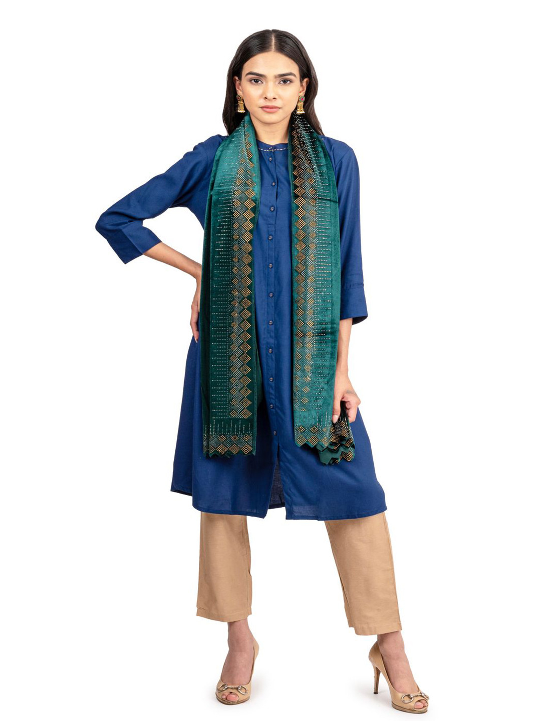 Naureen Women Floral Embroidered Stole With  Cystals Border Work
