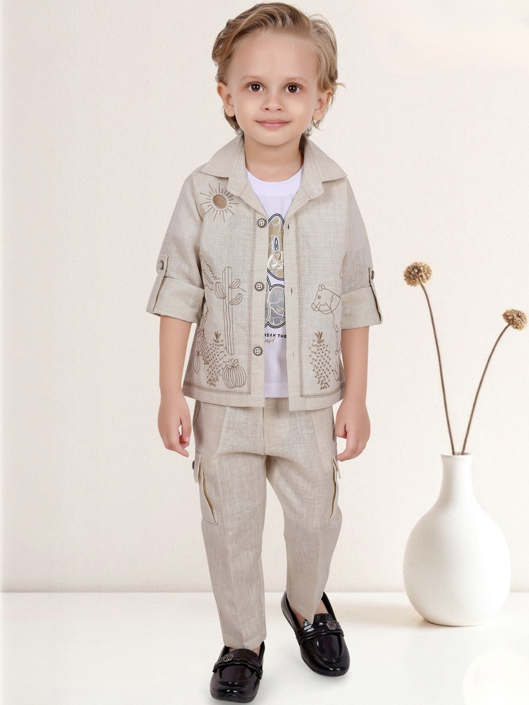 Lagorii Boys Printed Round Neck Linen T-Shirt & Jacket & Trouser