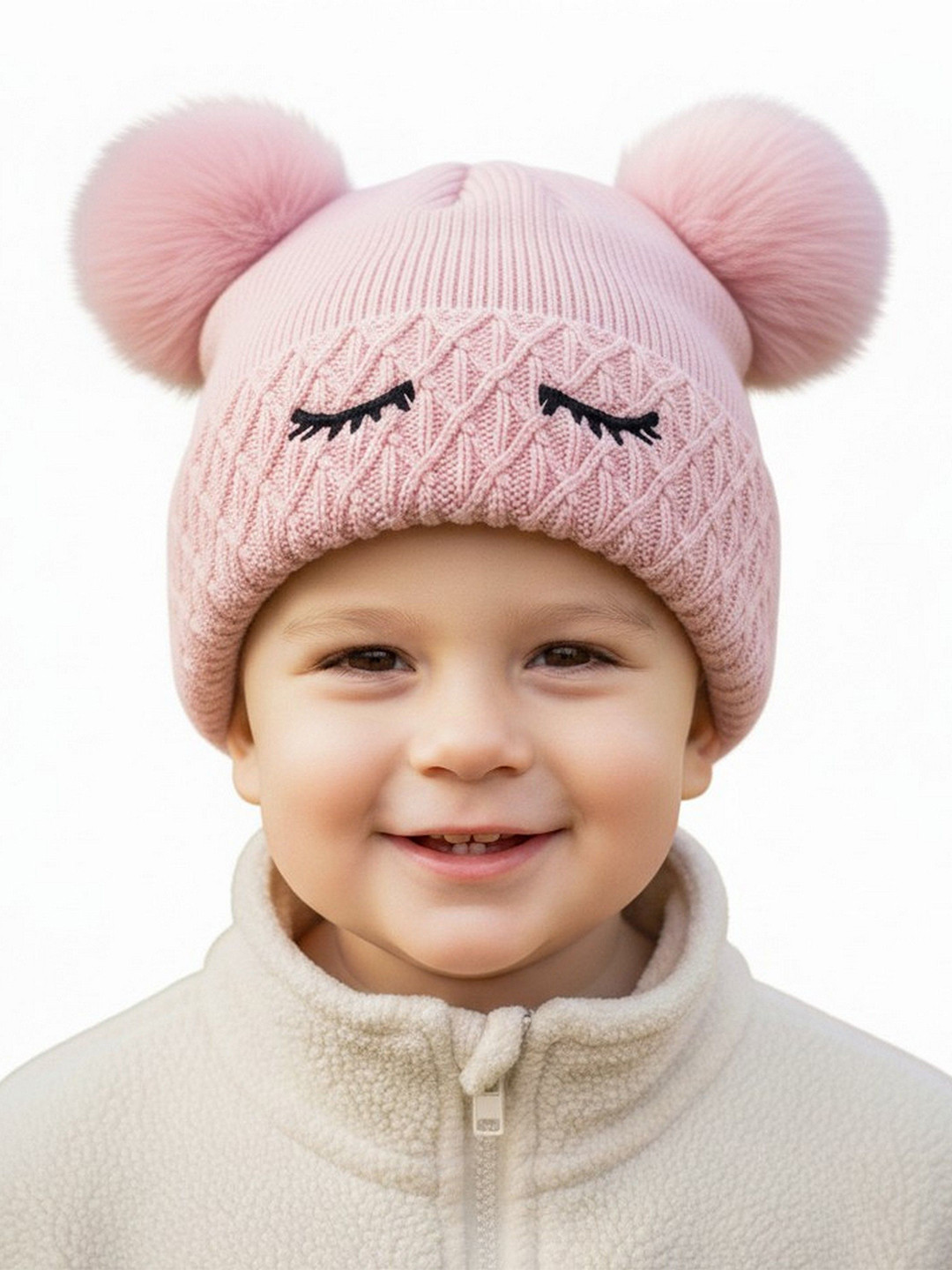 Adorazone Kids Self Design Winter Cap with Fuzzy Pom Poms and Soft Fur Interior