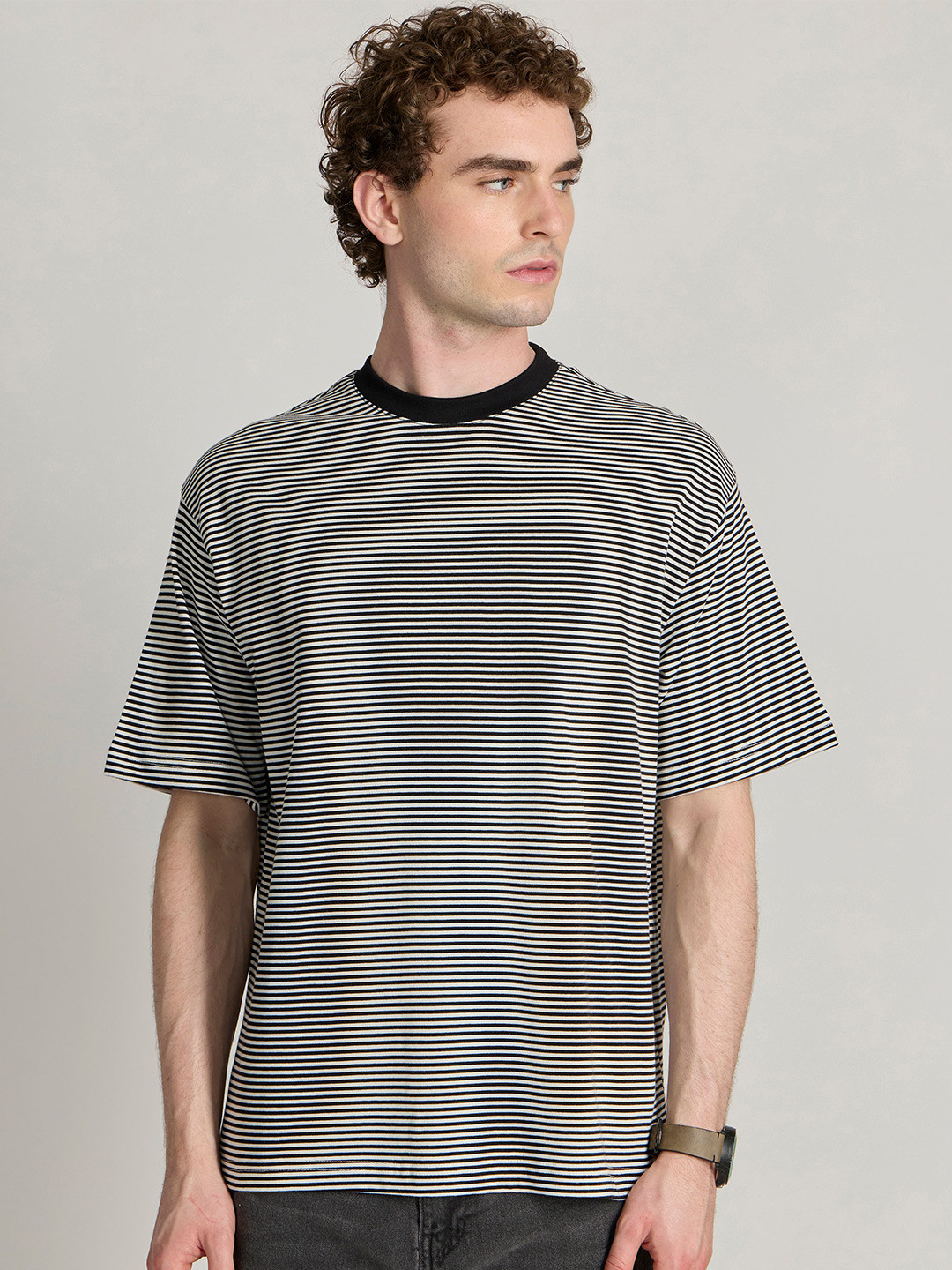 Espanshe Men Striped Round Neck Cotton Oversized T-shirt