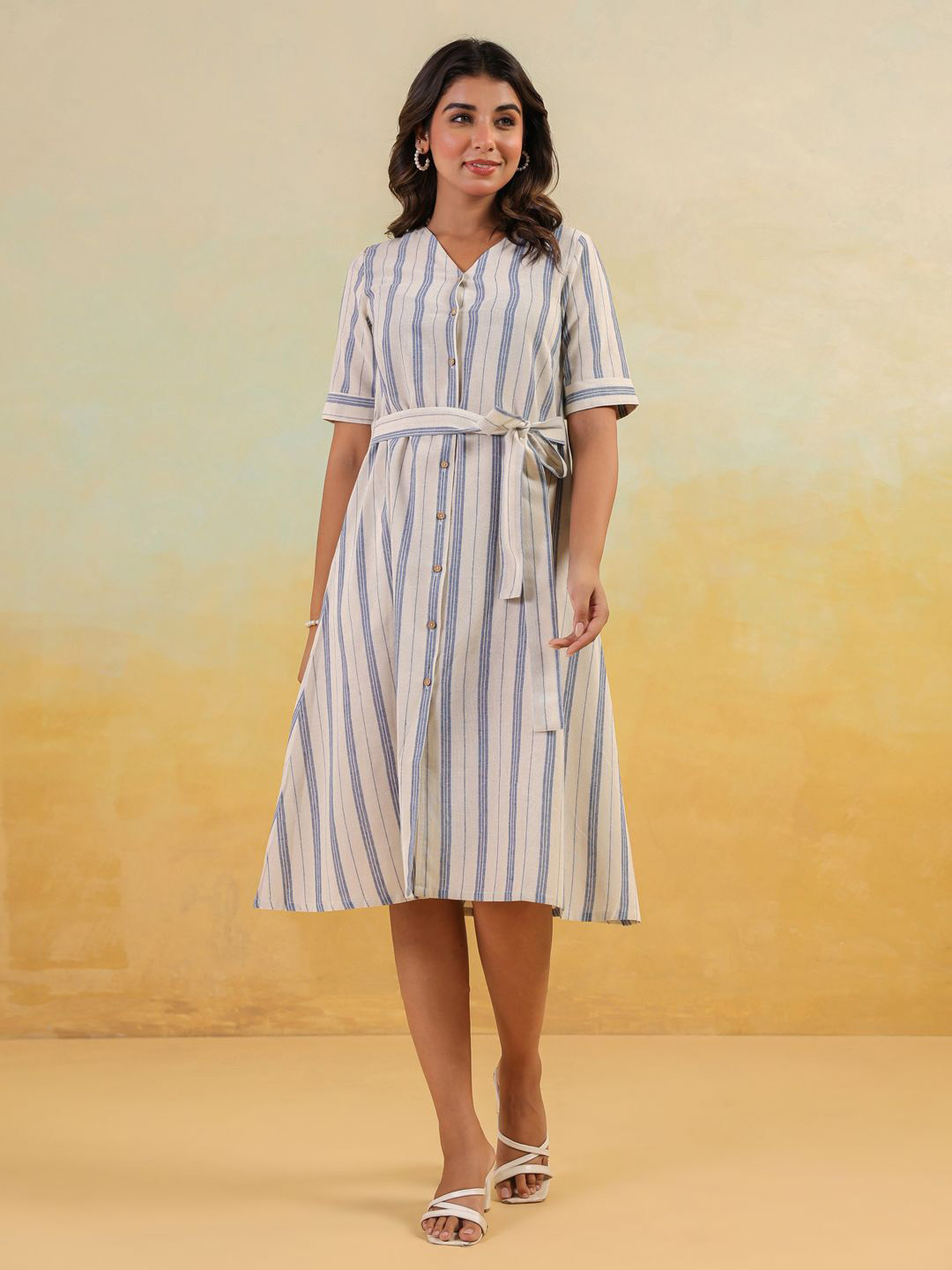 Janasya Striped Button Down A-Line Midi Dress