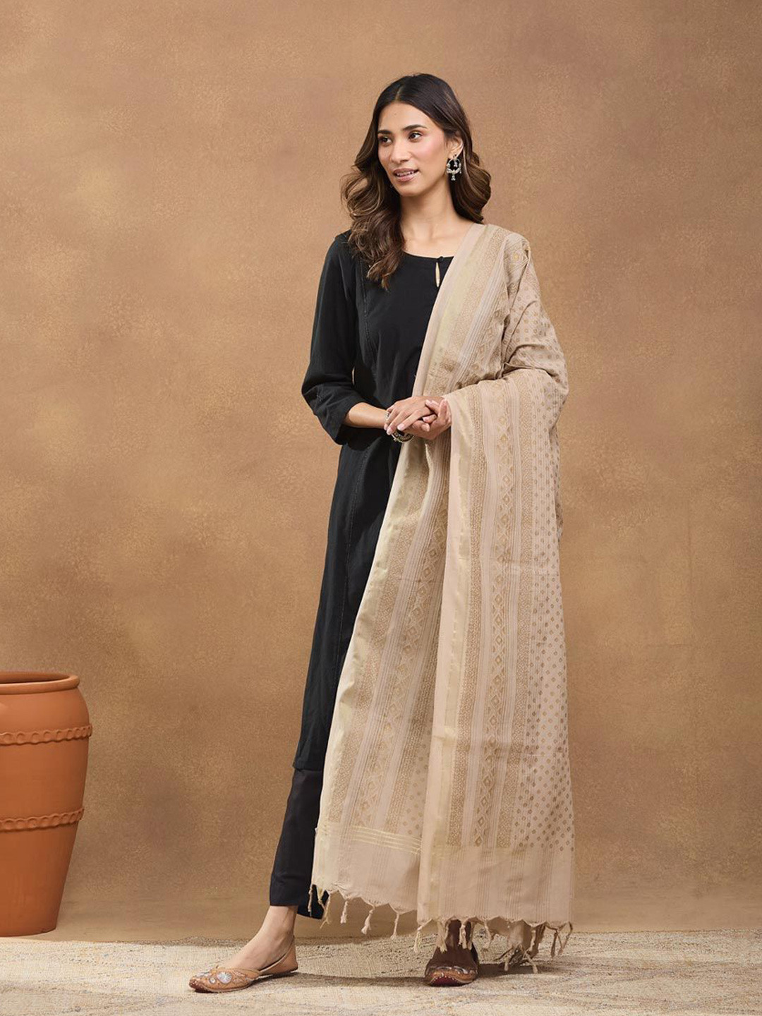 Fabindia Geometric Block Printed Tasselled Border Dupatta