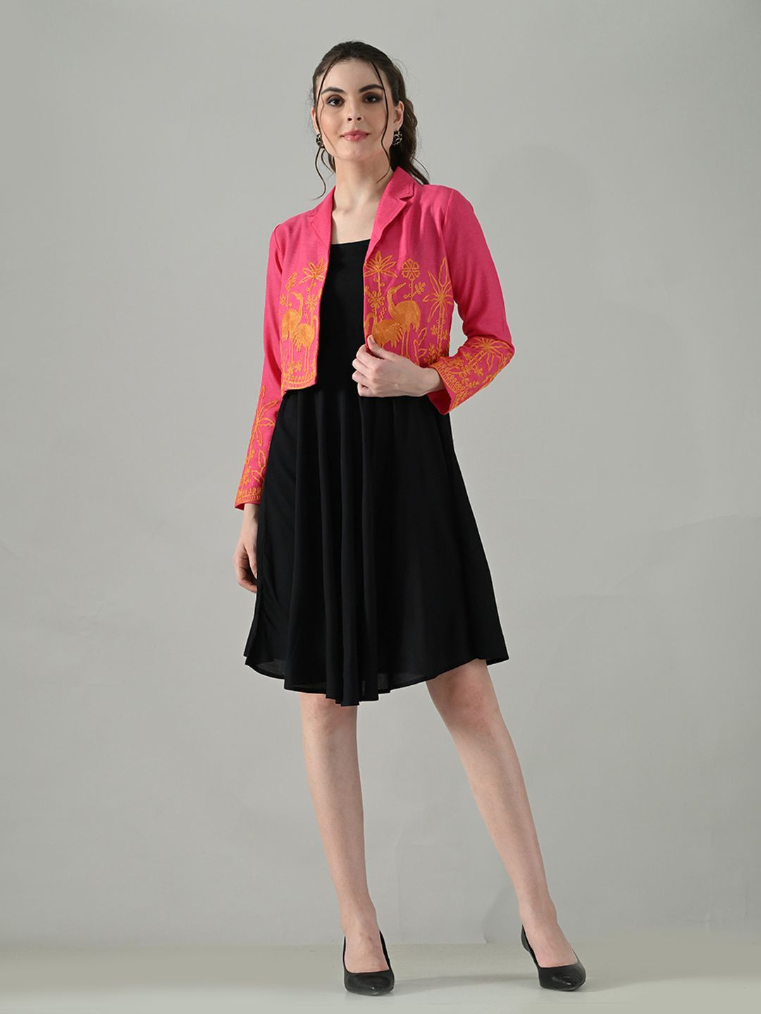 DressBerry Women Embroidered Jacket With Black Knee Length A-Line Dress