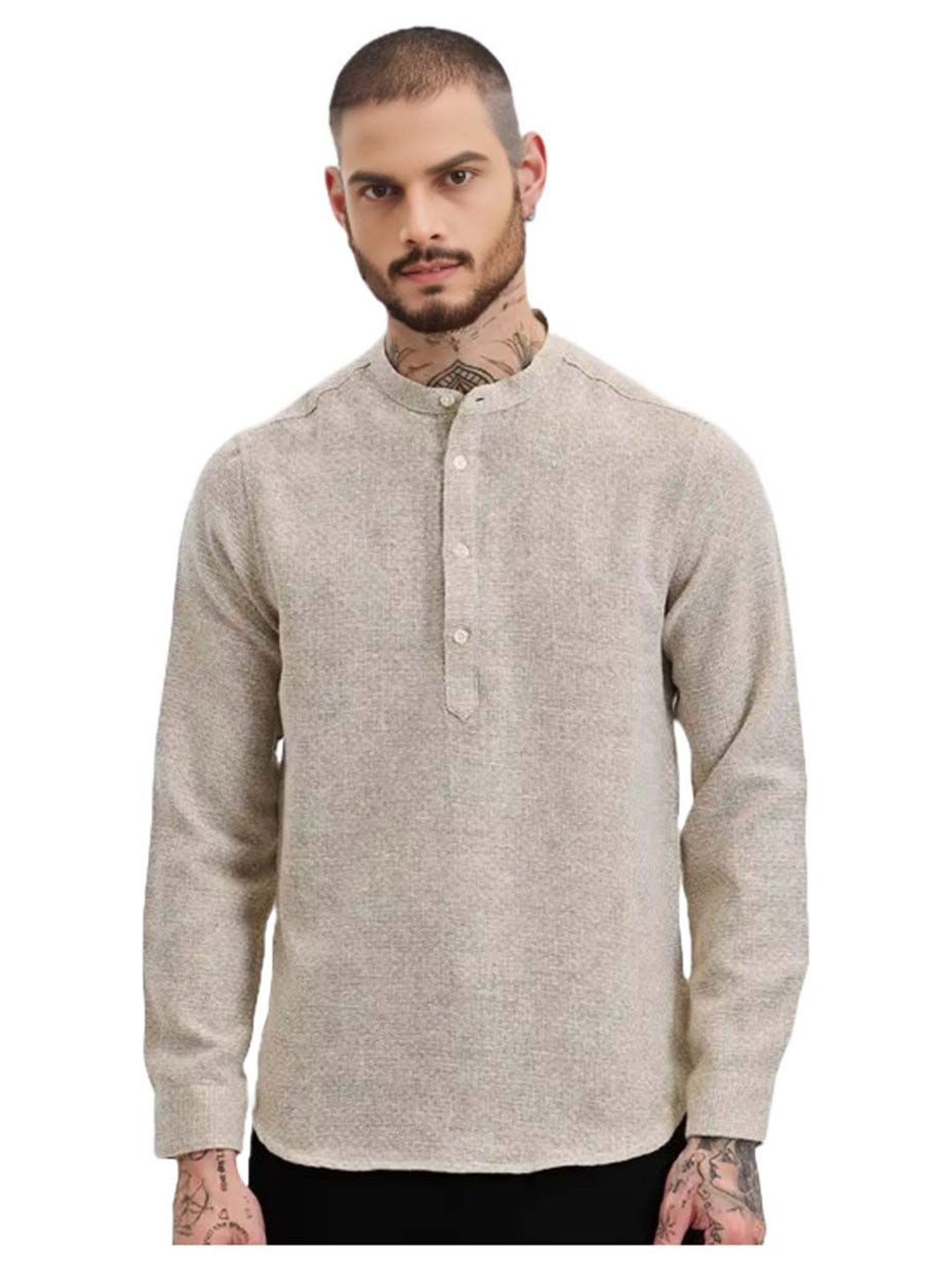 RICH STAG Men Comfort Fit Textured Mandarin Collar Linen Casual Shirt