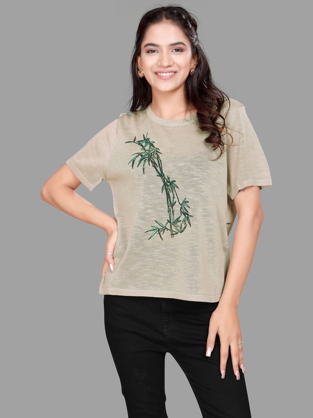 Madborn Creation Self Design Printed Round Neck Jute T-shirt