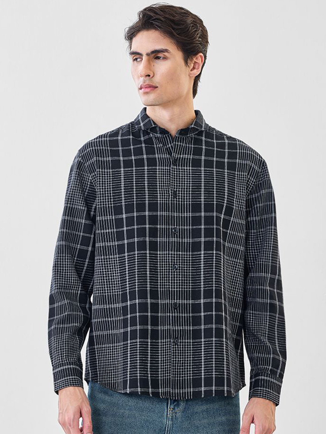 Snitch Men Grid Tattersall Checked Mandarin Collar Casual Shirt