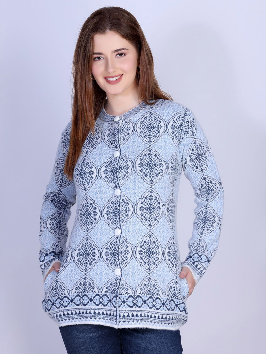 Roadster Women Geometric Self-Design Round Neck Button Cardigan Sweaters