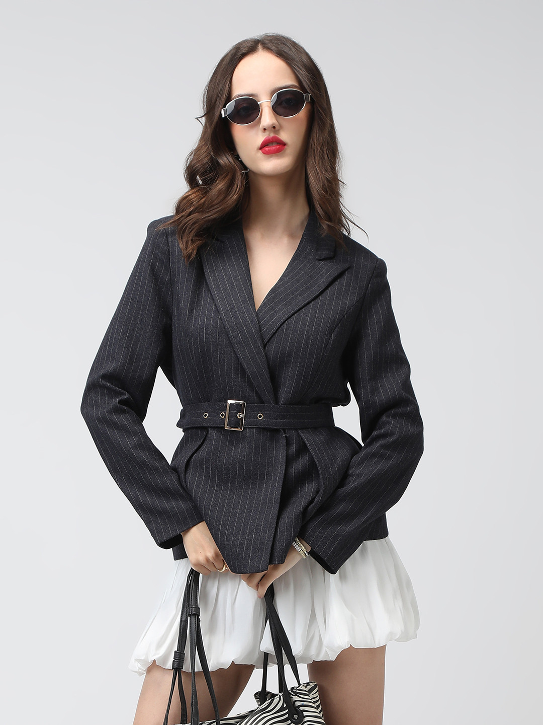 SHOWOFF Striped Charcoal Long Sleeves Blazer