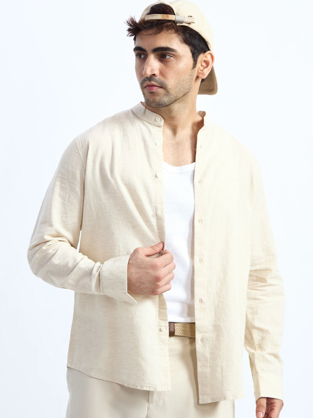JONESBURG Men Textured Band Collar Linen Casual Shirt