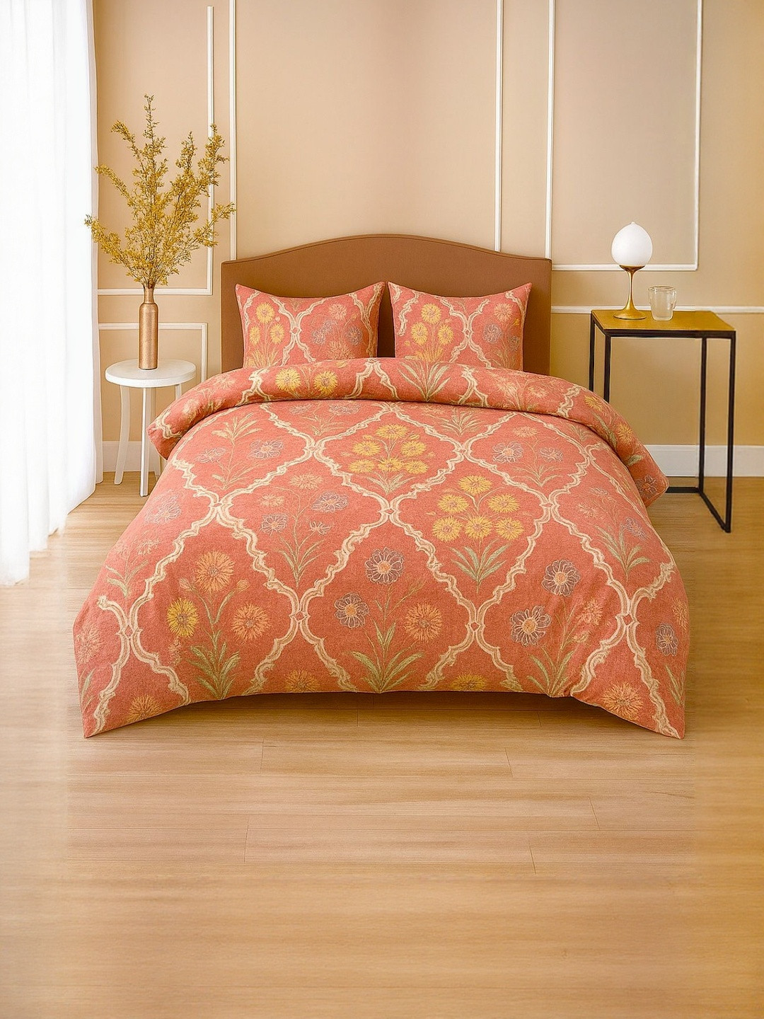 INDHOME LIFE Pink & Orange Floral Cotton 210TC Double King Bedsheet Set-2.74mx2.74m