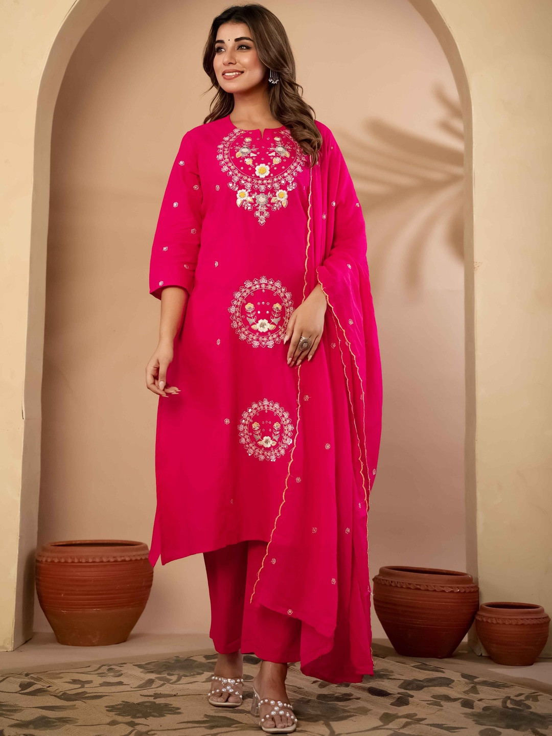 METRO-FASHION Floral Embroidered Thread Work Pure Cotton Kurta With Trousers & Dupatta