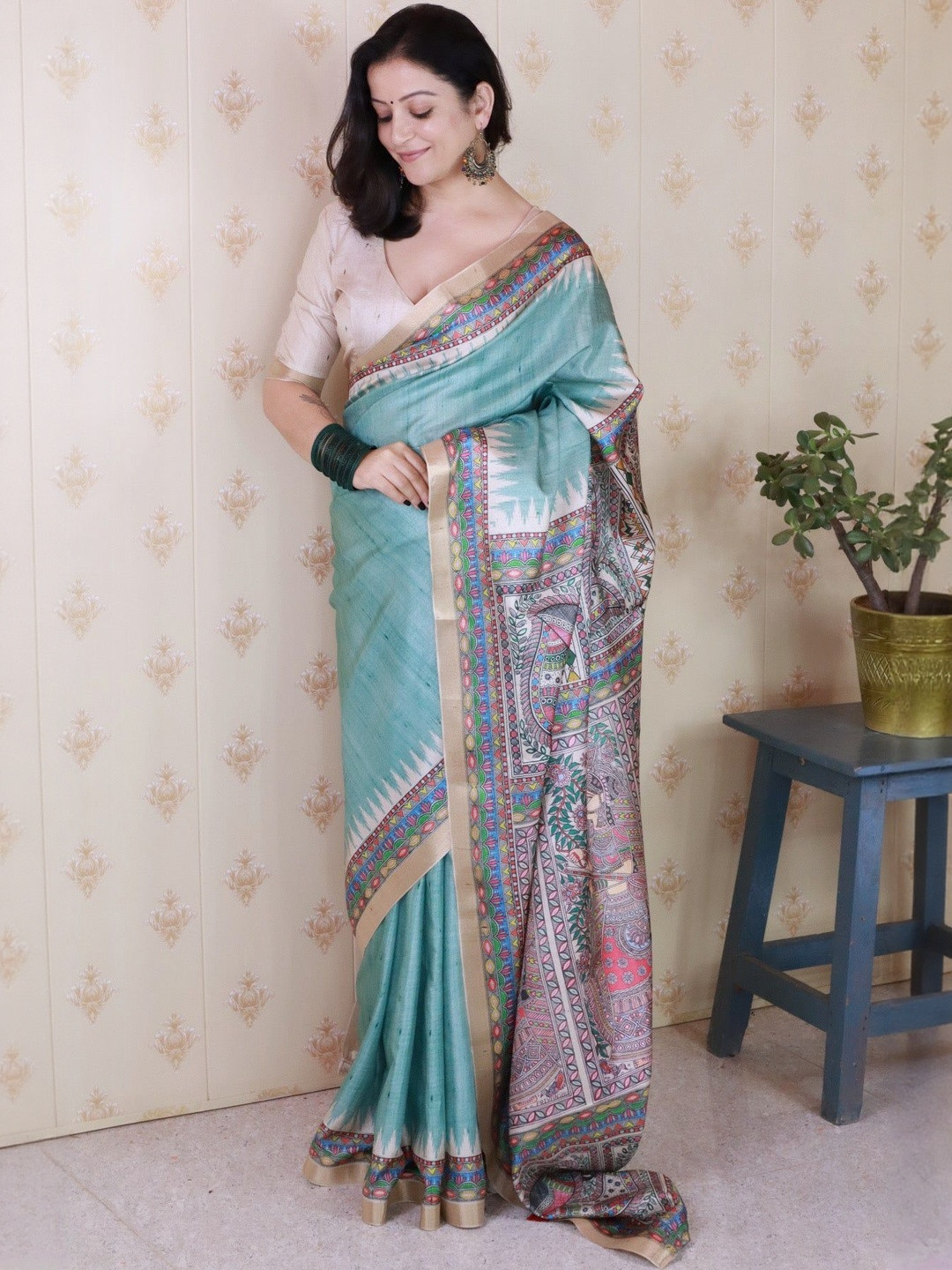 FASHION STROM Ethnic Motifs Printed Woven Design Tissue Tussar Saree With Unstiched Blouse