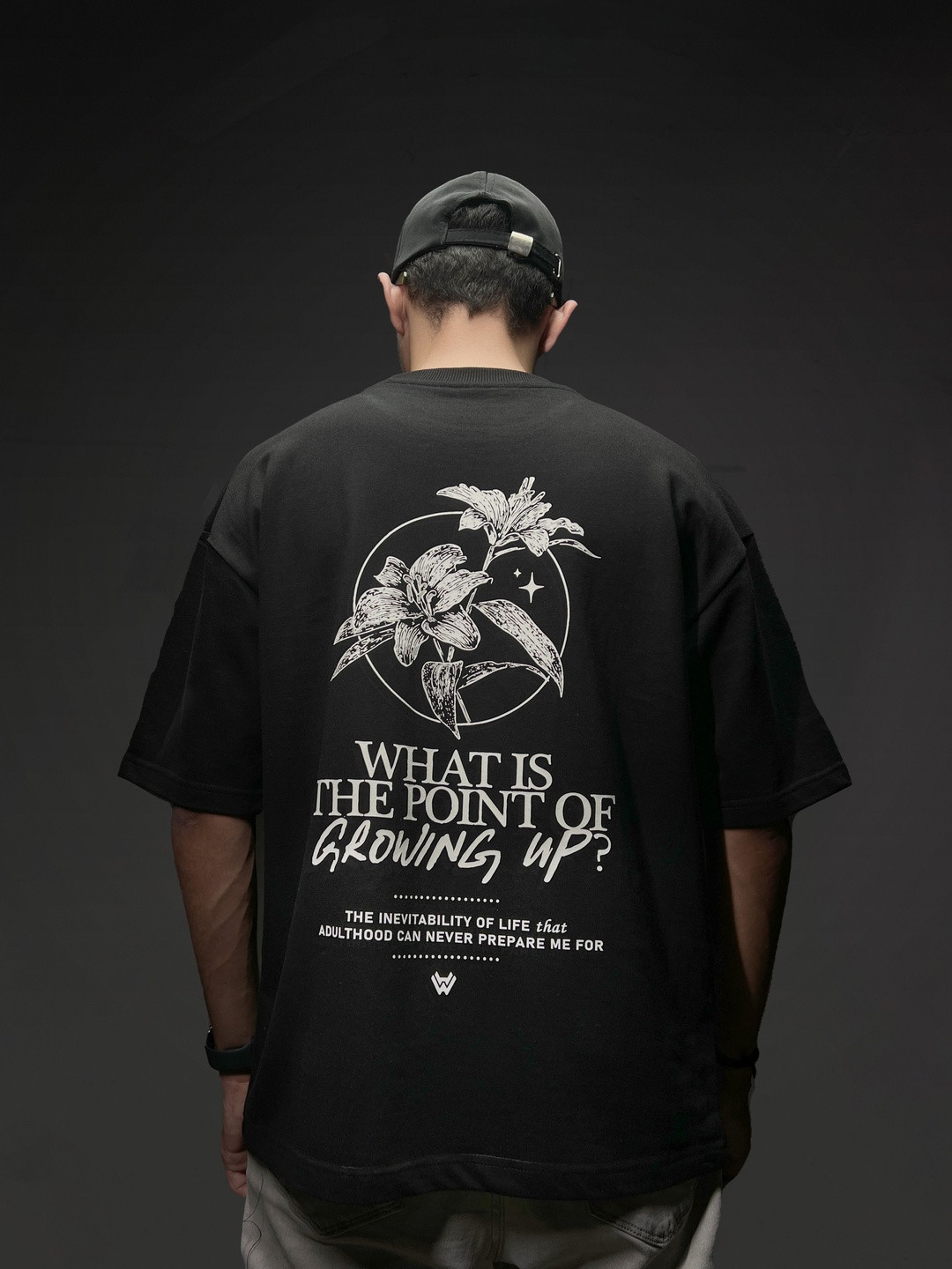 WHITE HUSK Imposter Syndrome Graphic Printed Short Sleeves Cotton Oversized T-shirt