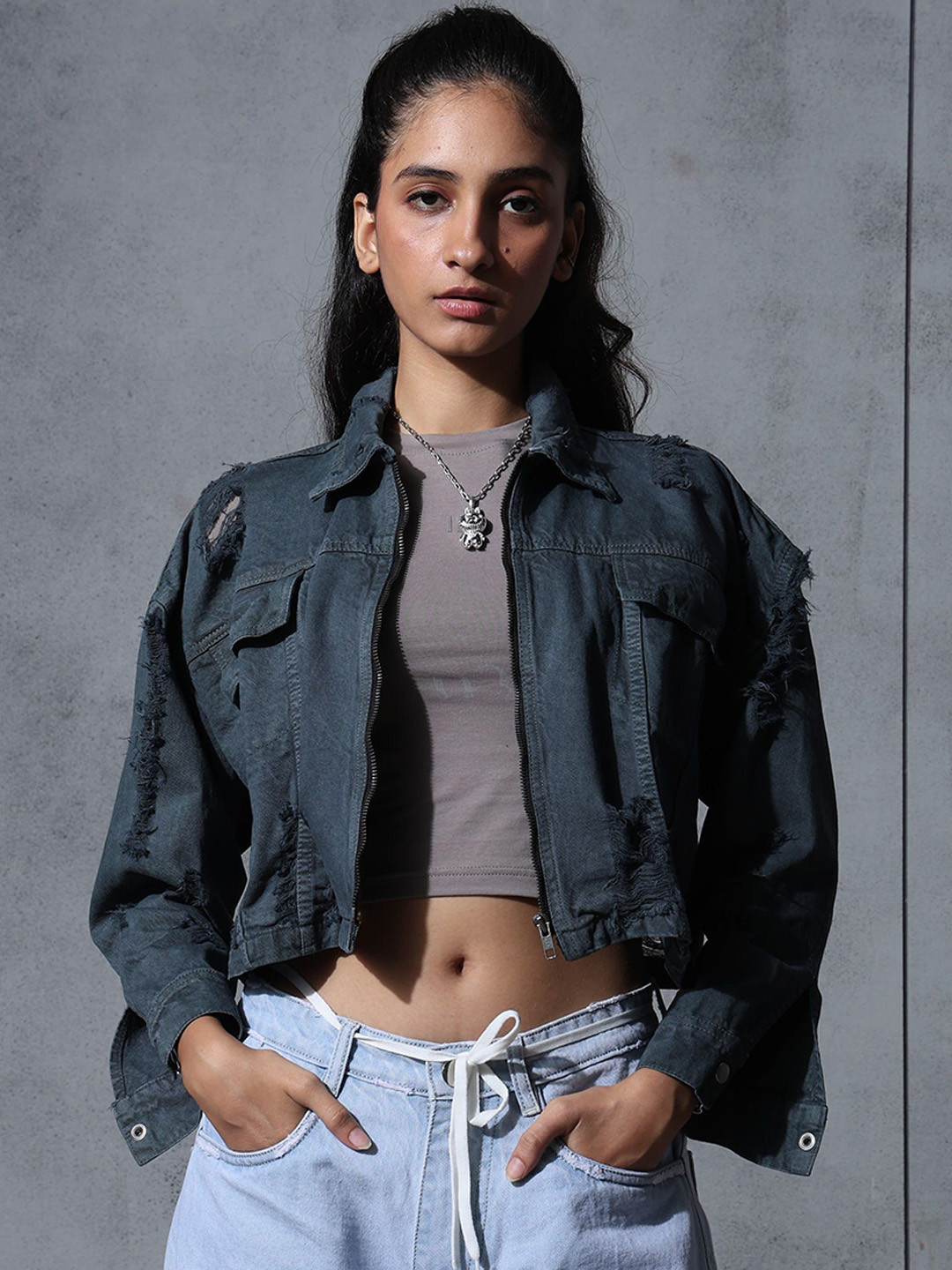 Chapter 2 Women Spread Collar Solid Denim Jacket