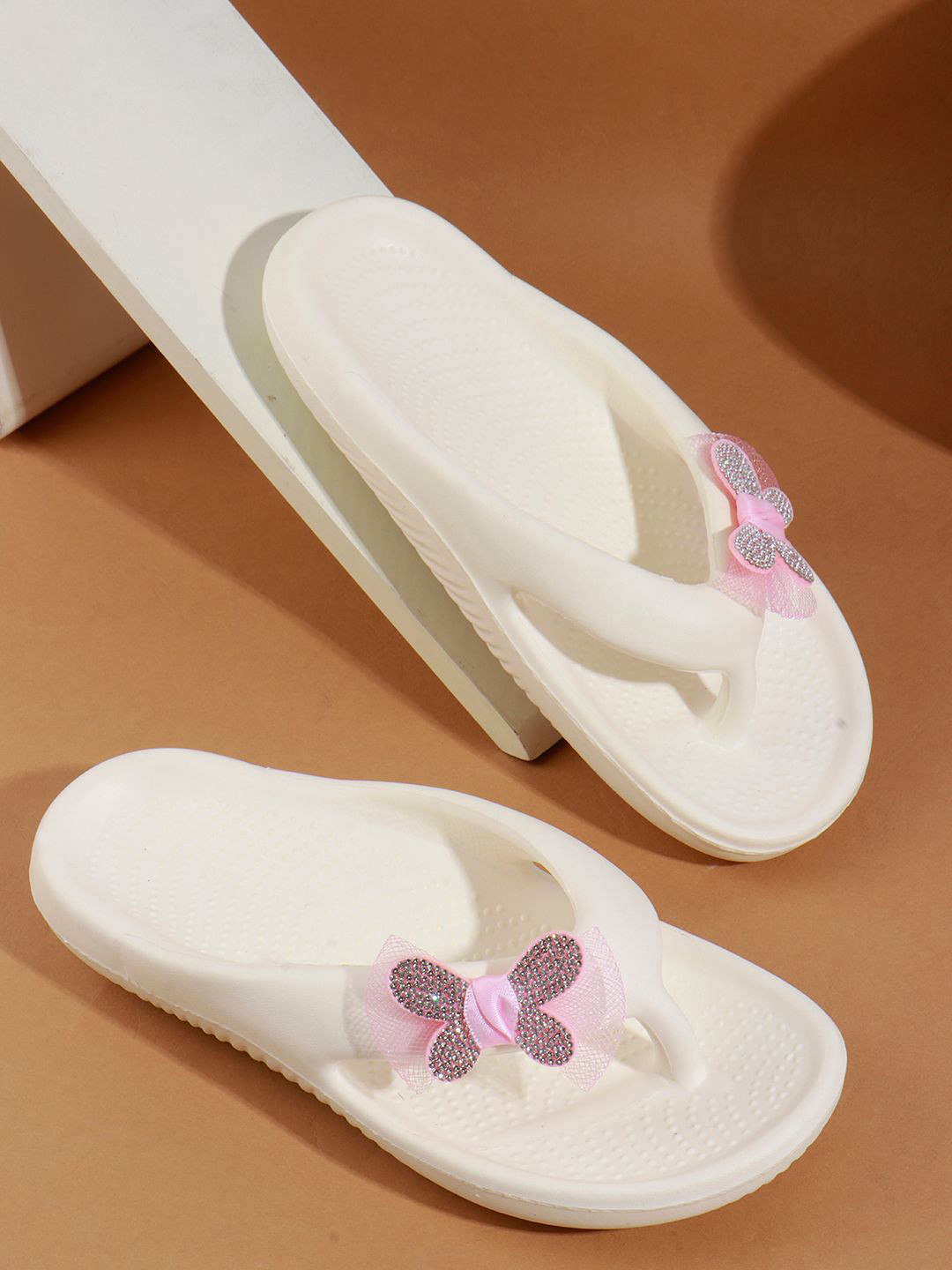 SUKUN Women Embellished Thong Flip-Flops with Embellished Butterfly Applique Detail
