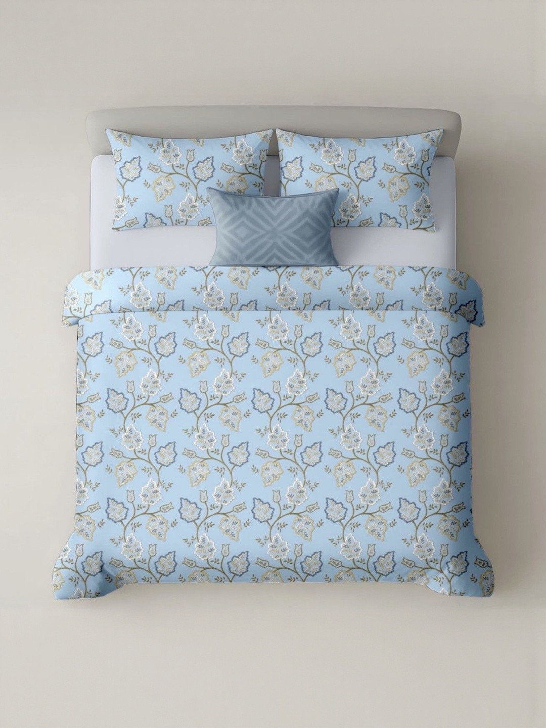 The Rajwadi Blue Floral Printed 250 TC Pure Cotton Super King Bedsheet Set 2.25 m x 2.75 m