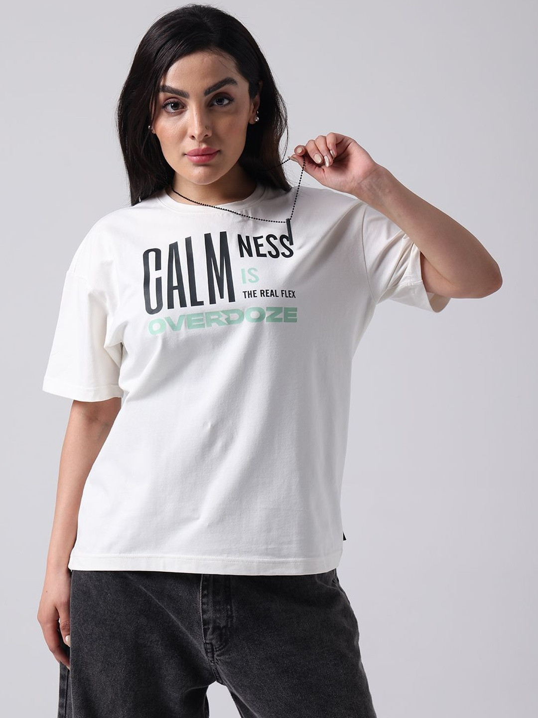 OVERDOZE Women Typography Printed Round Neck Cotton Boxy T-shirt