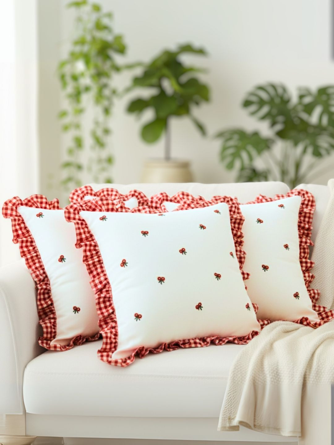 SLEEPY THREADS 3 Pieces Red & White Embroidered Square Cotton Cushion Covers