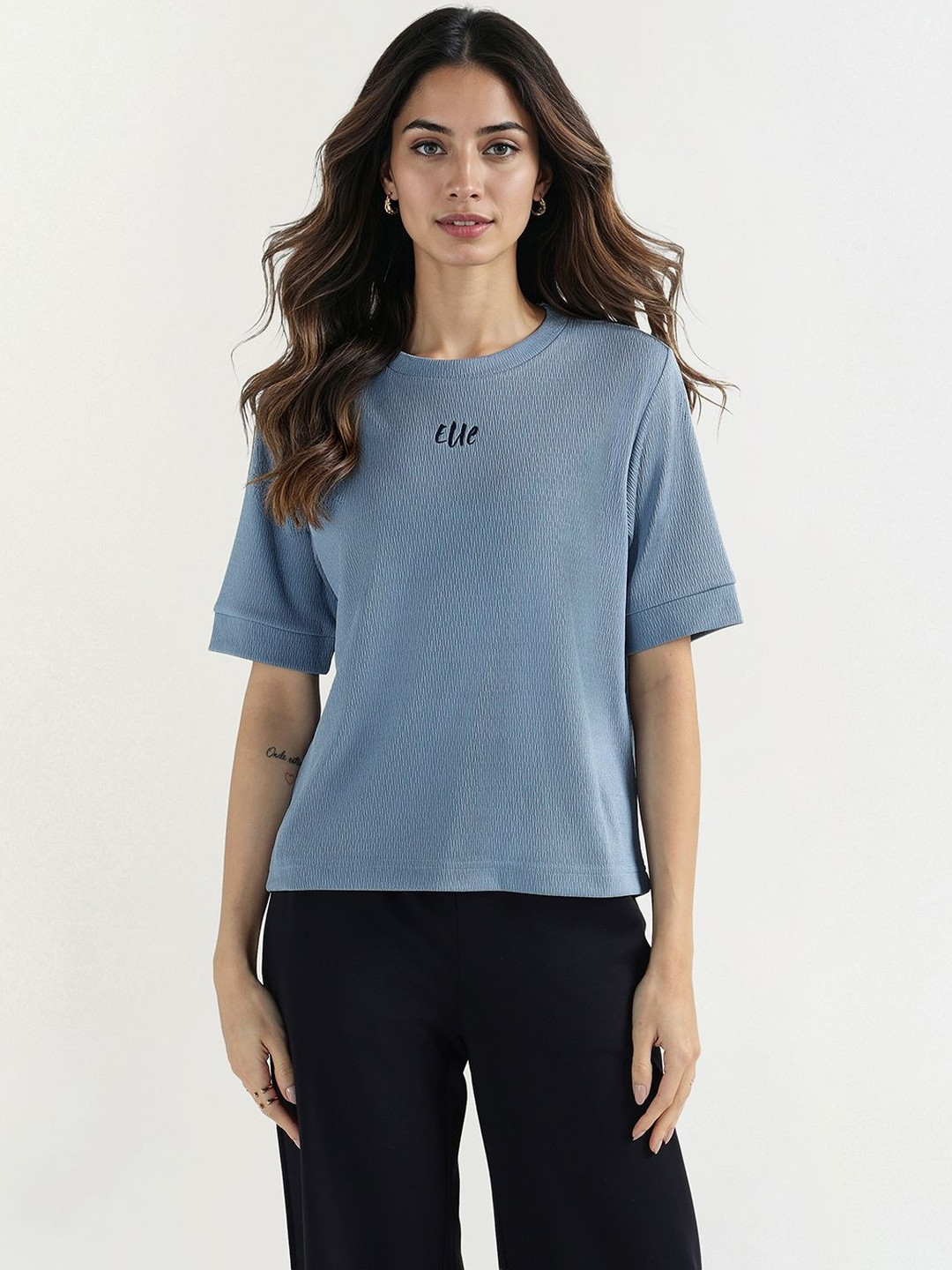 ELLE Brand Logo Self Design Round Neck Regular Fit T-shirt