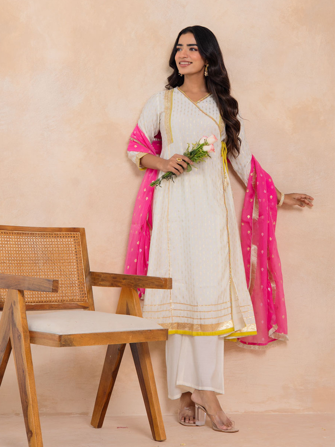 ISHWAR Women Angrakha Woven Design V-Neck Kurta Sets