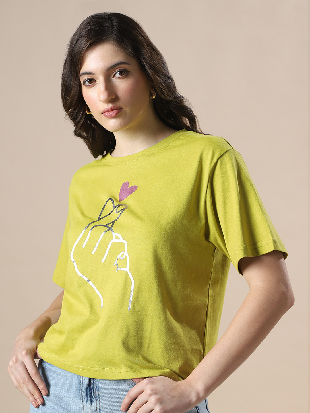 Globus Drop Shoulder Korean Graphic Printed Oversized Crop T-Shirt