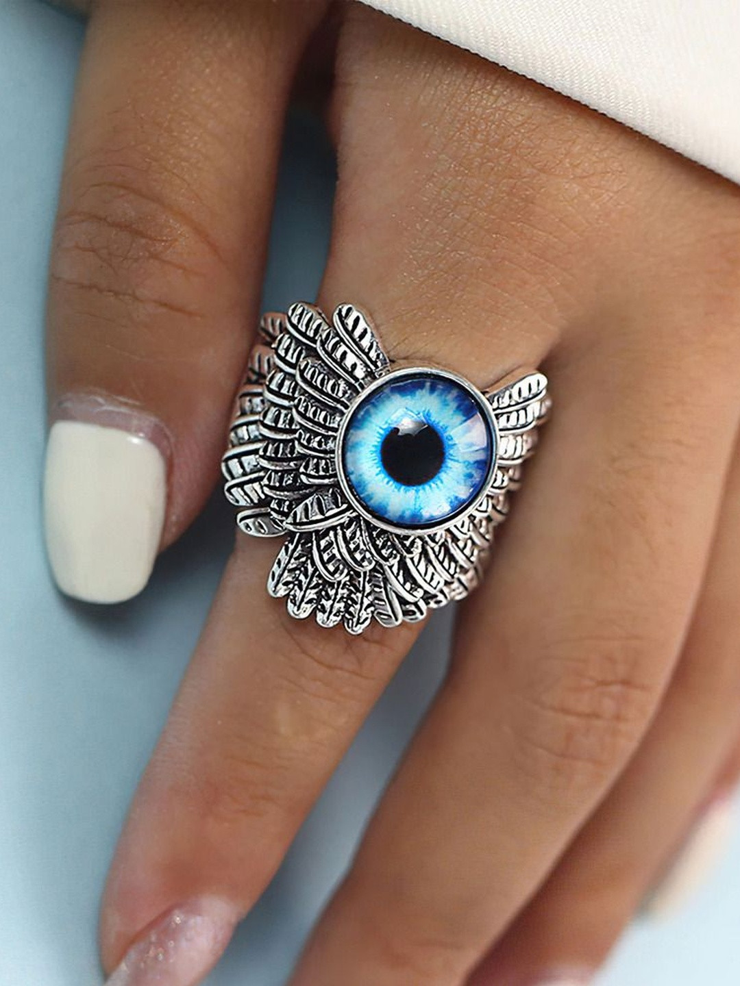 Thrillz Silver Plated Artificial Stones Studded Oxidized Evil Eye Feather Design Ring