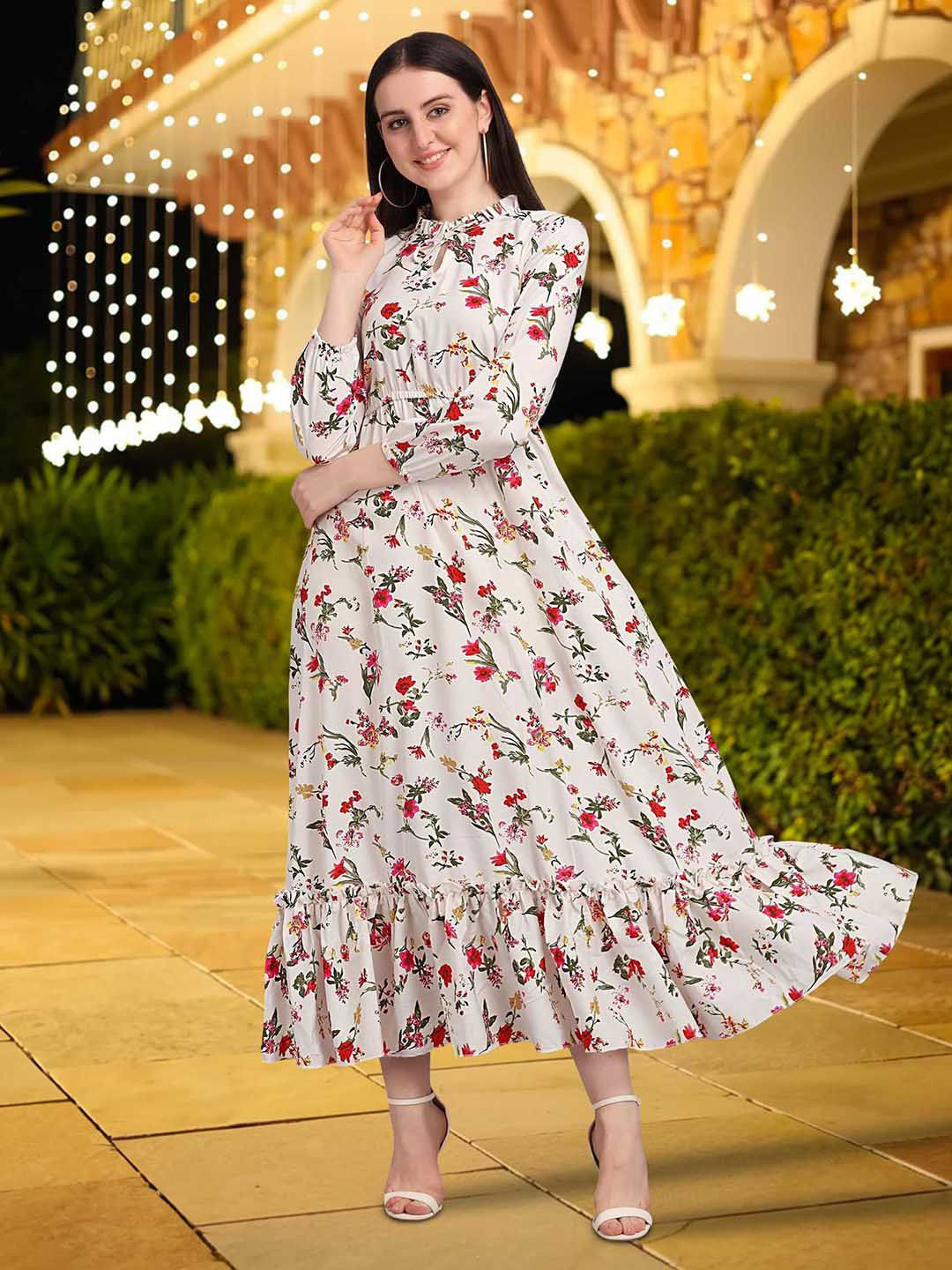 SZN Women Floral Printed Ruffled Keyhole Neck Fit and Flare Dress