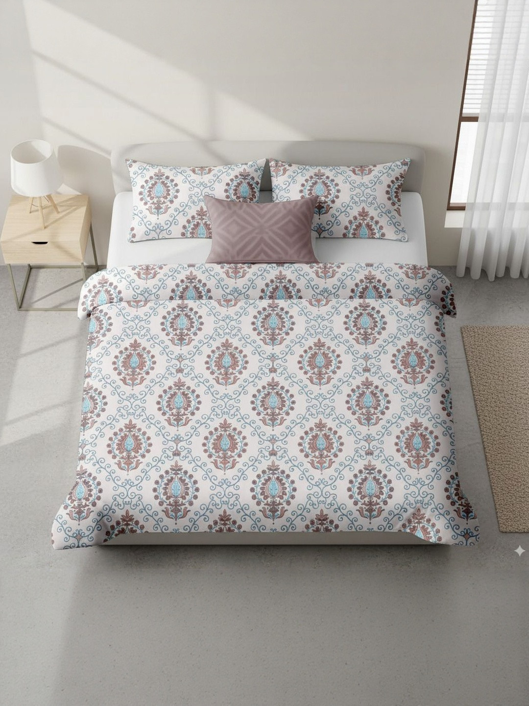 The Rajwadi Grey Floral Printed 250 TC Pure Cotton Super King Bedsheet Set 2.25 m x 2.75 m