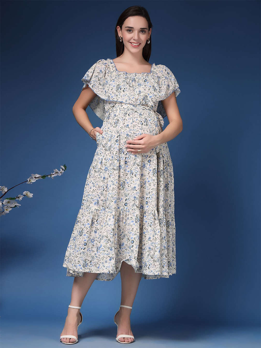 House Of Zelena Floral Print Cape Sleeve Maternity Tiered Cotton Fit & Flare Midi Dress