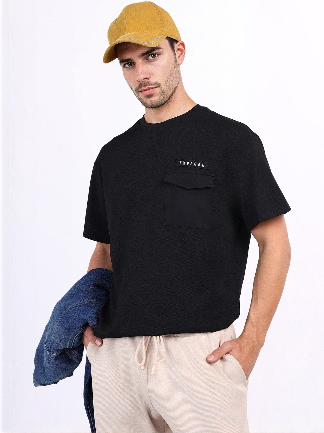 Iconic Typography Drop-Shoulder Sleeves Pockets T-shirt