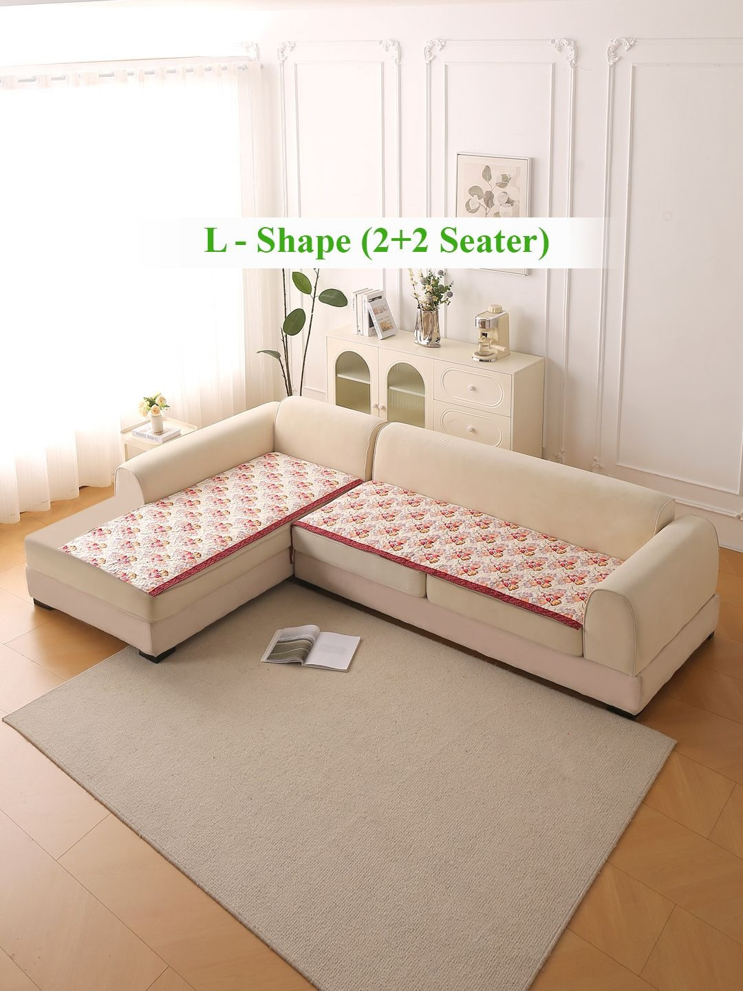 HOKIPO Florentina Series Autumn Cream-Coloured 2P Printed Velvet L Shape 4Seater SofaCover