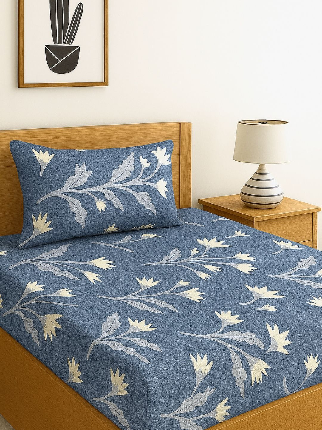 INDHOME LIFE Blue & Yellow Floral Printed 210 TC Single Bedsheet Set - 0.91 m x 1.98 m
