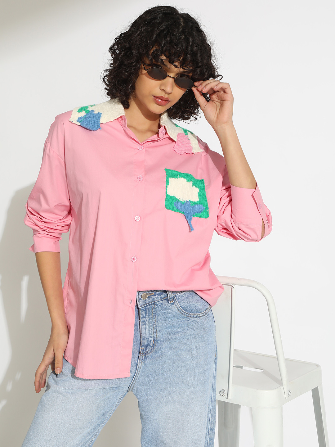 SHOWOFF Comfort Geometric Patch Work Spread Collar Oversized Pure Cotton Casual Shirt