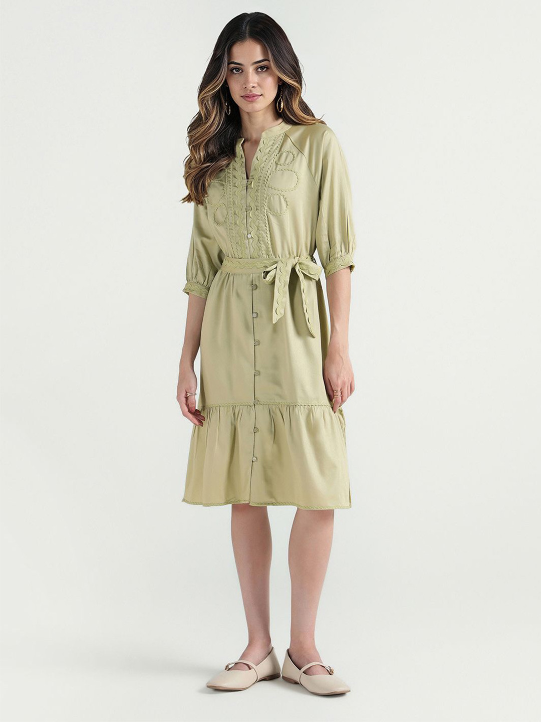 ELLE Women Mandarin Collar Cuffed Sleeves Fit & Flare Dress With Blouse Piece