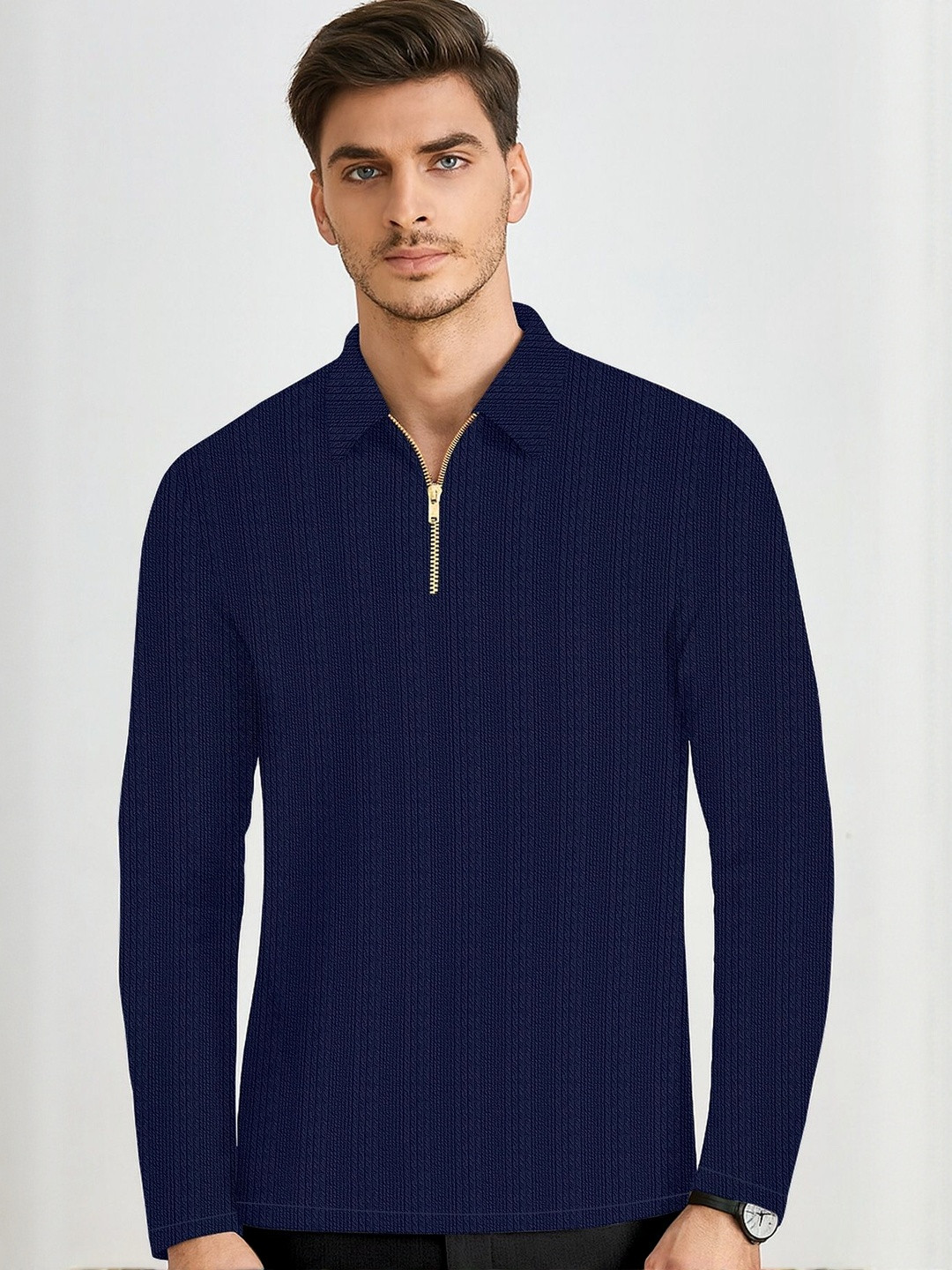 HAPPY KHAJANA Self Design Polo Collar Long Sleeves Zipper T-shirt