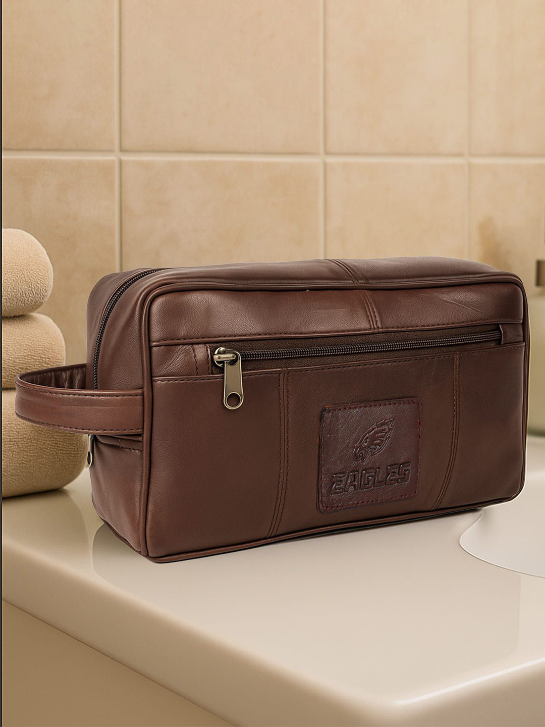 CIMONI Men Solid Waterproof Leather Travel Toiletry Shaving Kit Bag