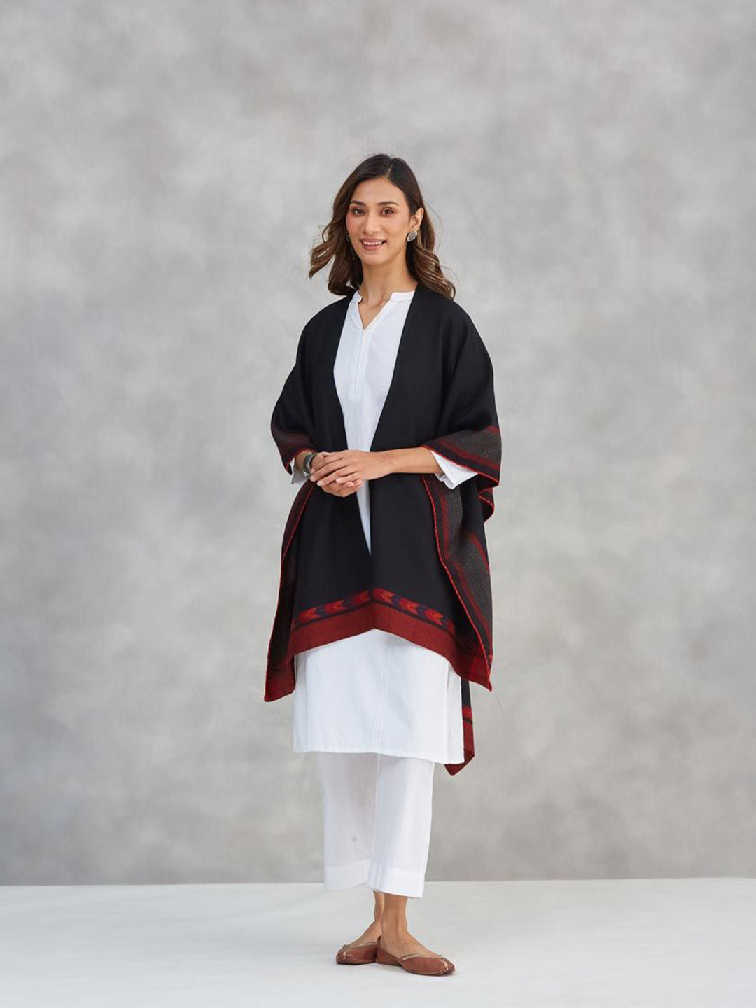 Fabindia Geometric Self Design Woollen Pouncho Shrug