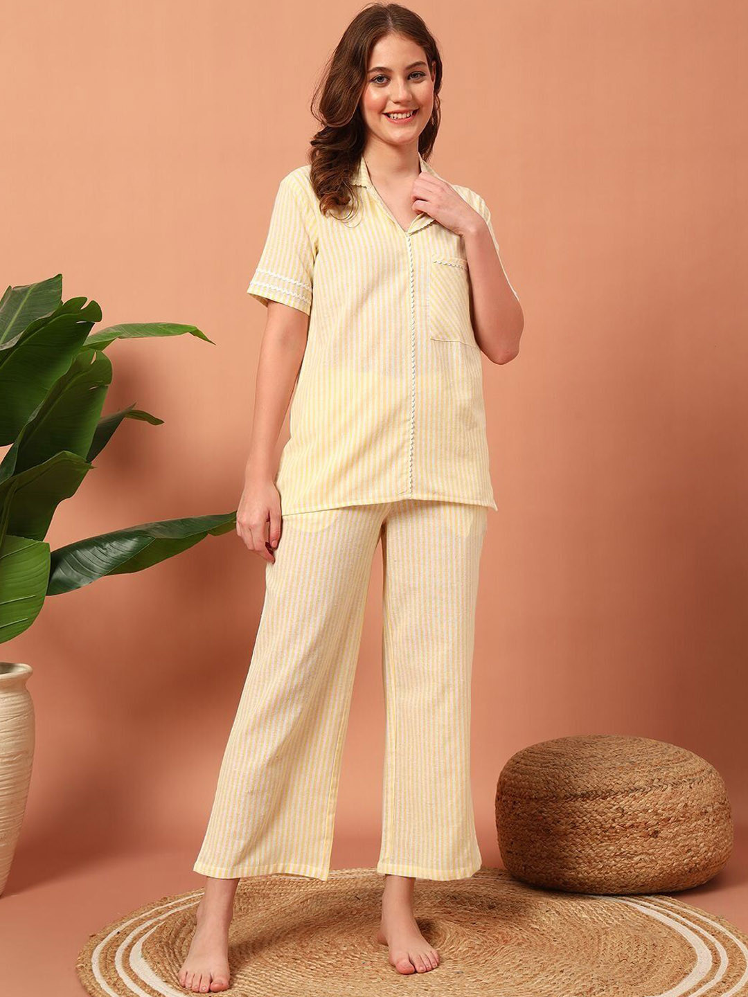 Ameerah Women Striped Lapel Collar Night suit
